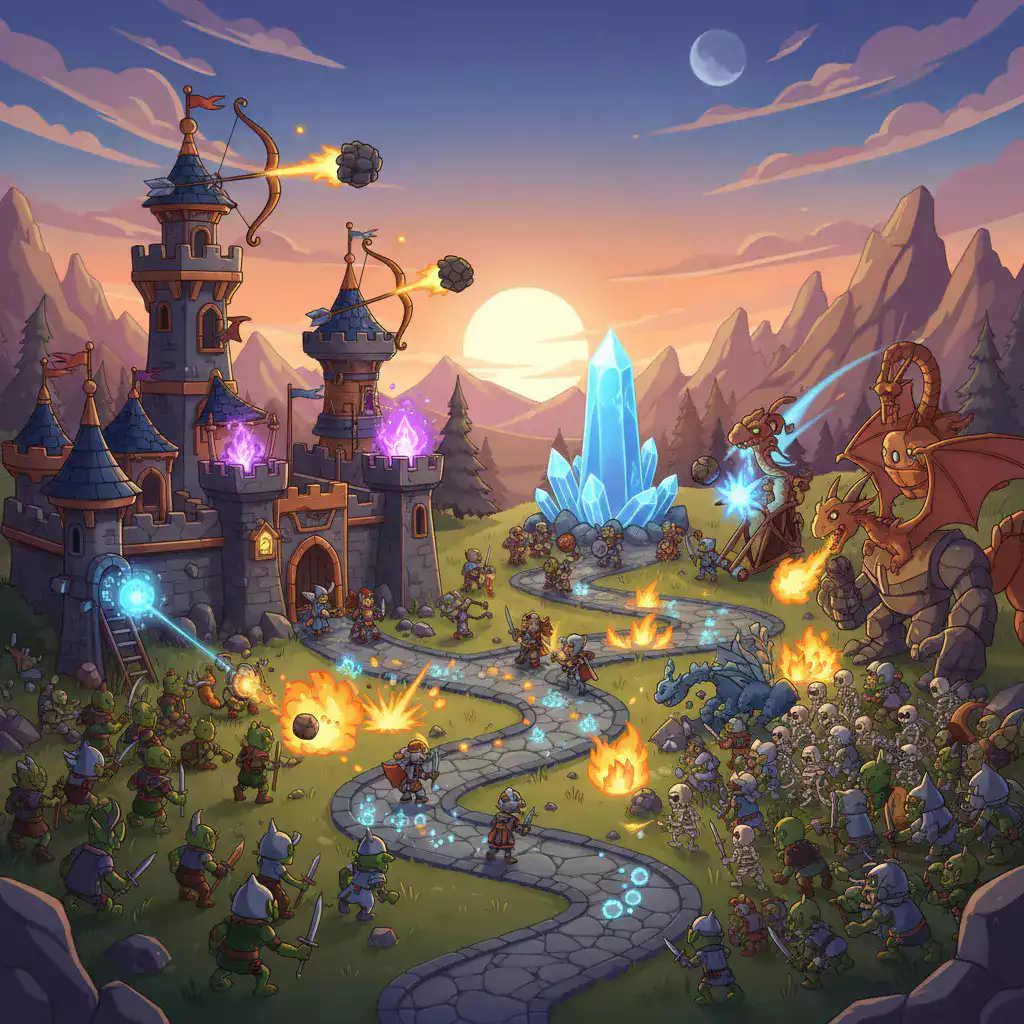 Epic tower defense battle scene